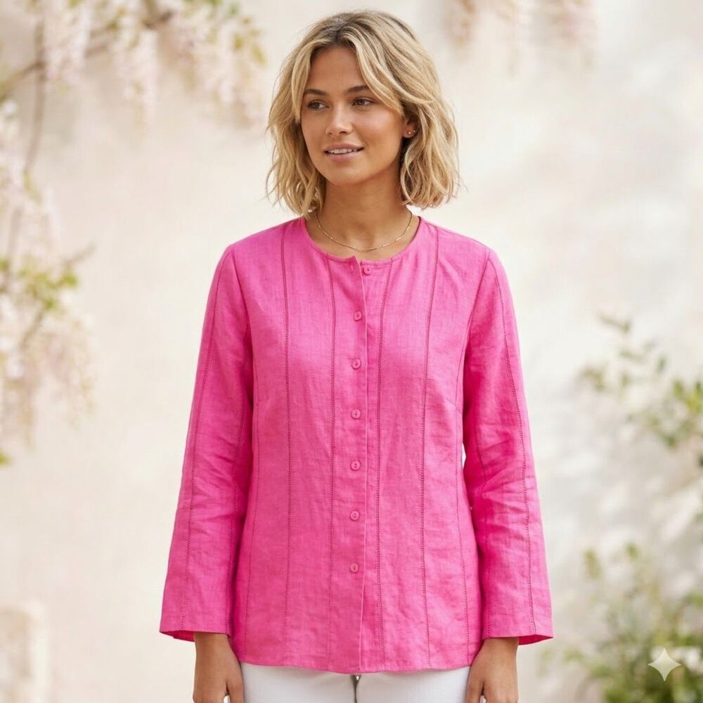 Laura Ashley Linen Ladder Stitch Button Front Pink Long Sleeve Blouse Tunic SZ M
